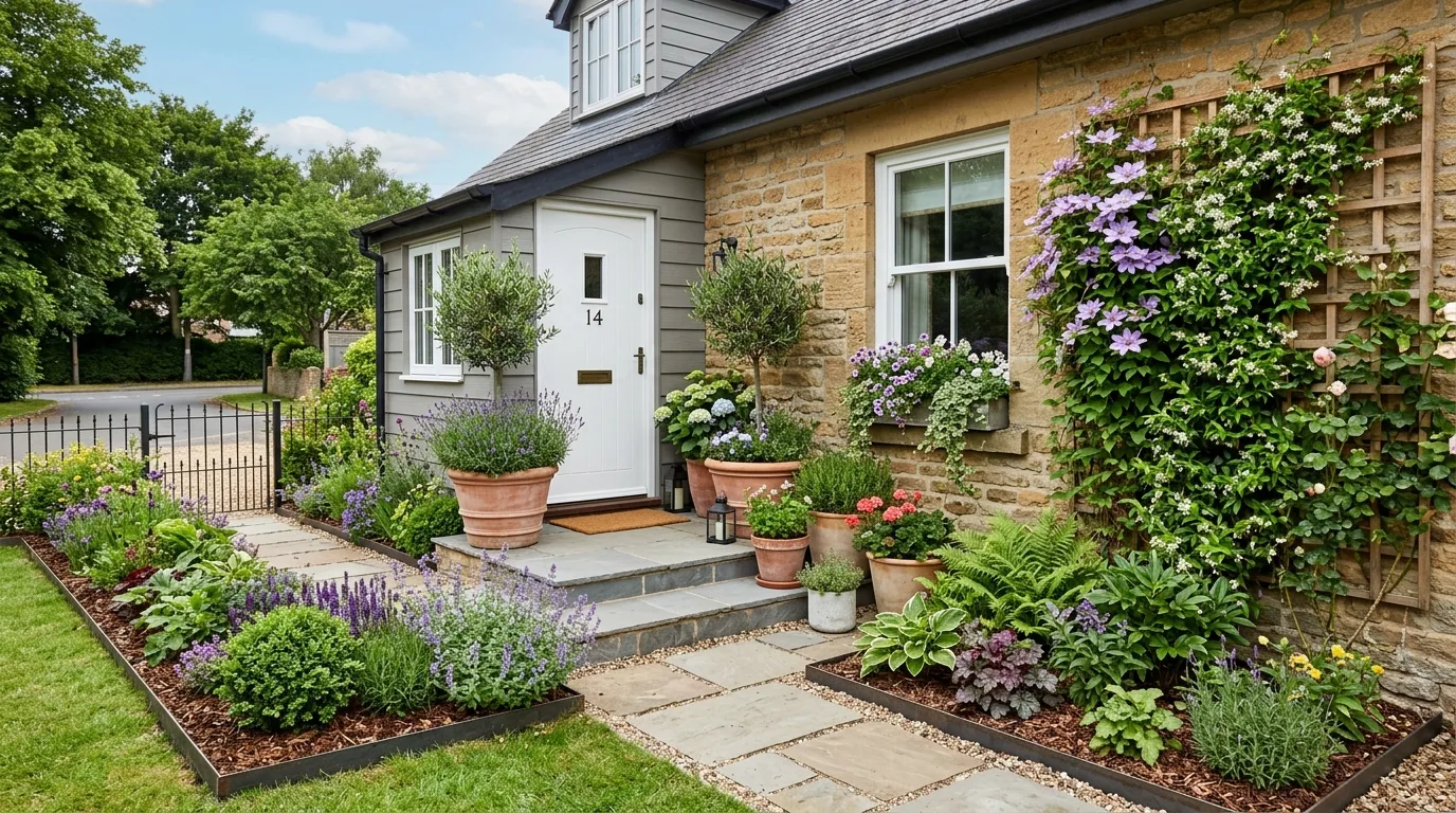 Repeat plant varieties for a cleaner look inspiration for a front yard landscape.